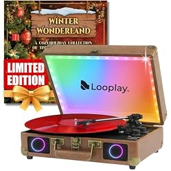 Premium Bluetooth Vinyl Record Player with Speakers & LED Lights – Portable Suitcase Turntable, 3-Speed LP Vinyl Player with Auto-Stop & RCA Output – Retro Gift, Exclusive Holiday Album Included - Les Beatles, Paul McCartney, John Lennon, RIngo Starr, George Harrison