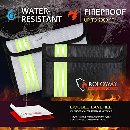 Image of ROLOWAY Small Fireproof Bag (5 x 8 inches) with Reflective Strip, Fireproof Money Bag for Cash, Valuables, Passport, Currency & Keys (2-Pack)