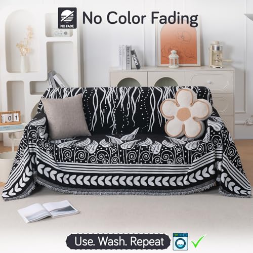 Image of HOKIPO Premium Chenille Printed Sofa Cover Throw Blanket 320 GSM for 3 Seater - All Season Use, 'Serene Abode Series' Black Fern Tribal (180x310 cm) (AR-6633-D4)