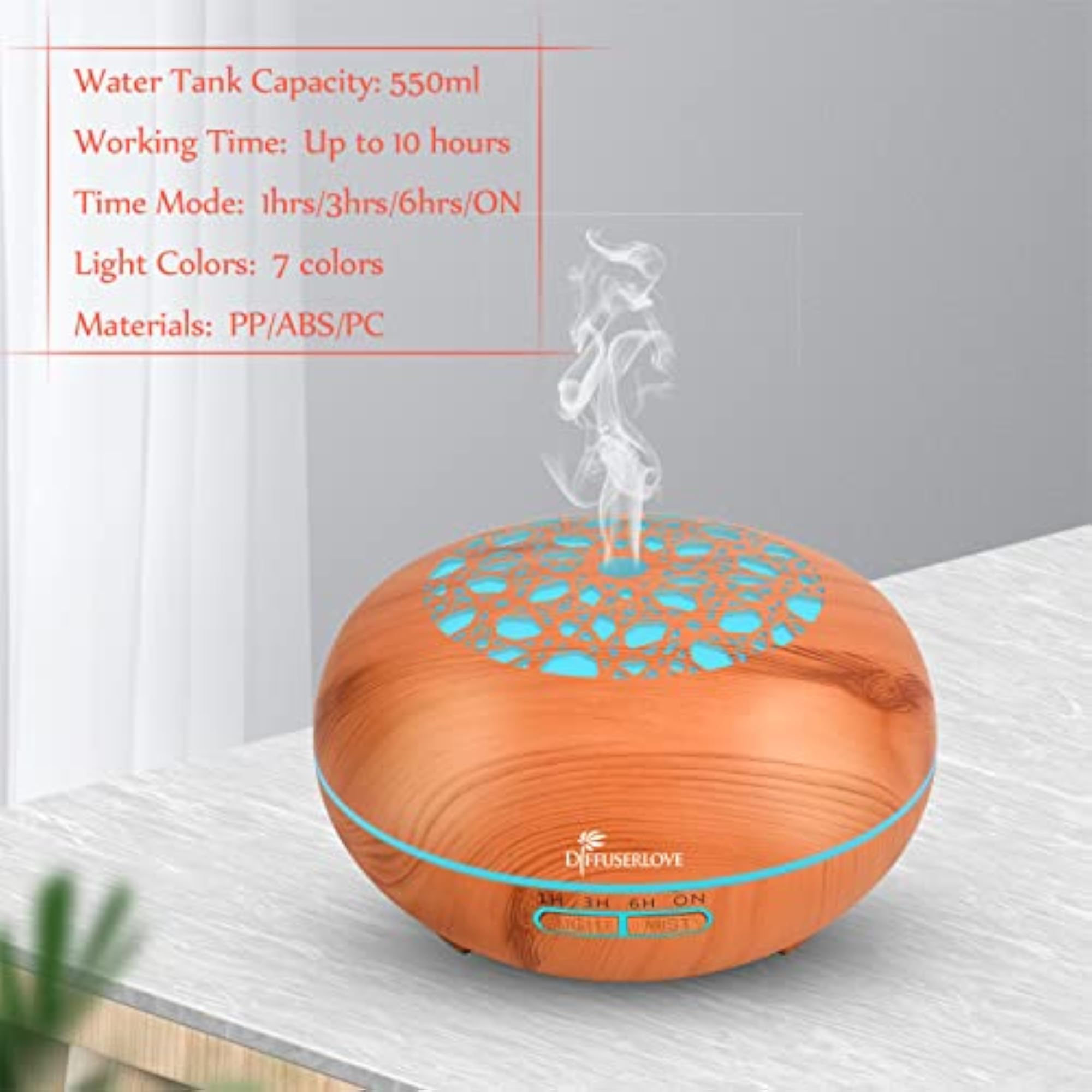 550ML Remote Control Essential Oil Diffuser, Wood Grain