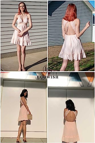 Image of ECOWISH Summer Dresses for Women 2026 V-Neck Spaghetti Strap Bowknot Backless Sleeveless Lace Mini Swing Skater Dress