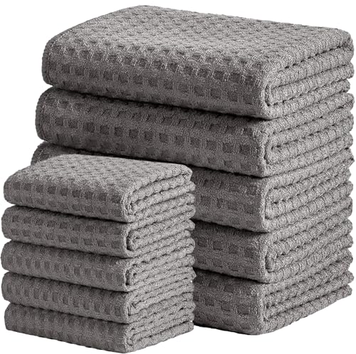 Vnoss - Vnoss Waffle Weave Microfiber Kitchen Towels and Dishcloths Set, 26 X 18 Inch and 12 X 12 Inch, Set of 10 Gray Lint Free Dish Towels for Drying Dishes