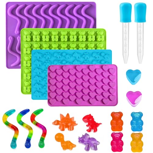 Gummy Candy Molds - Silicone Gummy Bear/Dinosaur/Hearts/Gummy Worm Mold with 2pcs Dropper Non-stick and Bpa Free for Mini Candy Chocolate Gummies Baking