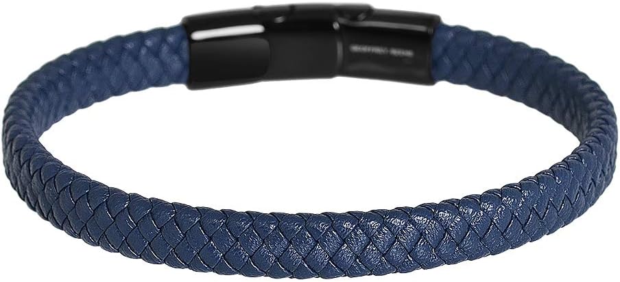 Geoffrey Beene Men's Braided Genuine Leather Bracelet with Stainless Steel Closure