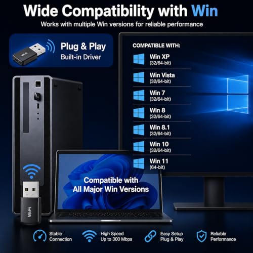 Image of Wireless USB WiFi Adapter | 300 Mbps USB 2.0 Network Adapter | Plug & Play | Supports Windows | Compact Design | Black