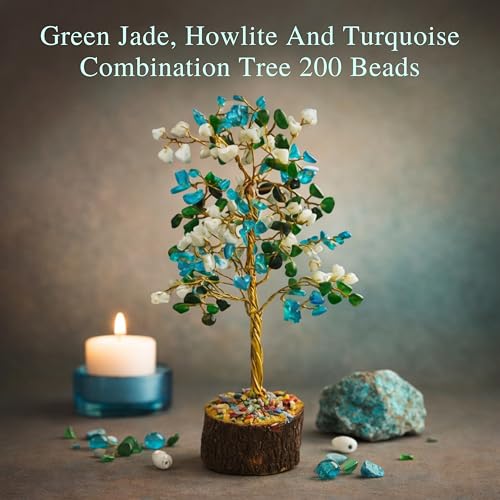 Image of REMEDYWALA Charged Energized Green Jade, Howlite and Turquoise Combination Crystal Tree for Reiki Healing, Green Jade, Howlite and Turquoise Combination Stone Tree for Good Luck 200 Beads