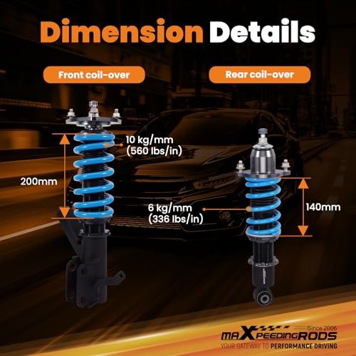 maXpeedingrods Coilovers for Honda Civic DX/EX/GX/HX/LX/Si 2001-2005, Height Adjustable Shock Absorrber, 24 Levels Damper Adjustable Coilovers Suspension Kit, T6 Upgraded Lowering Kits Blue by maXpeedingrods - Image 6