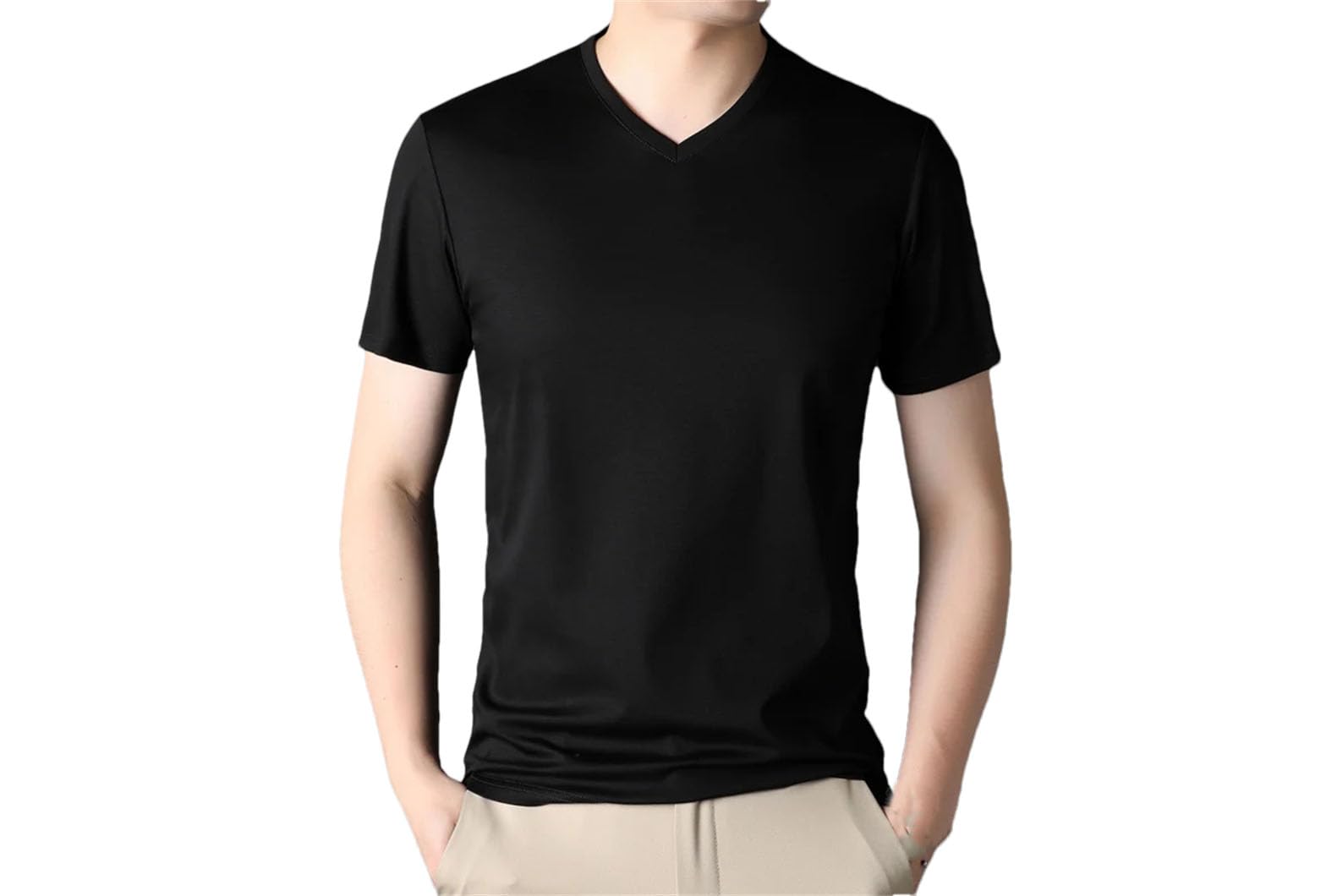 Męska koszulka z dekoltem w serek jedwabna cienka koszulka z krótkim rękawem solidna slim fit trening koszule biurowe, Czarne ubrania męskie, M