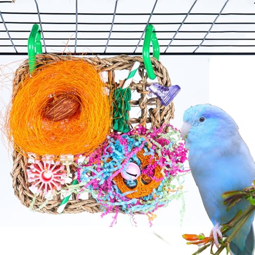 Seagrass Woven Hanging Mat Bird Toy - Natural Foraging Chew Toy for African Grey Parrots, Small Amazon Parrots, Lovebirds and Other Small to Medium Sized Birds
