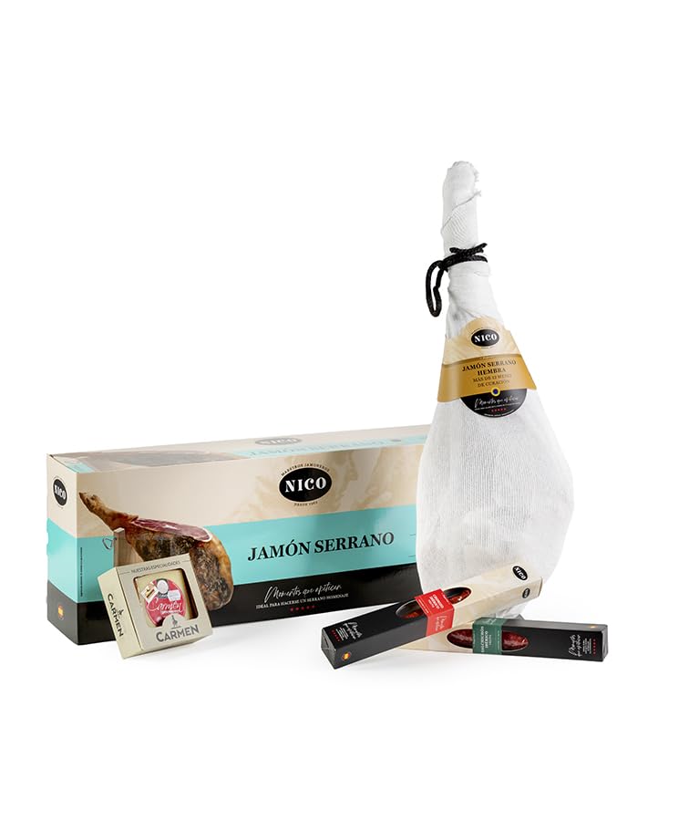 NICO JAMONES - LOTE JAMON SERRANO RESERVA HEMBRA. Jamón Serrano Hembra + Chorizo Ibérico velita...