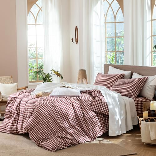 Image of MooMee Gingham Duvet Cover Set 100% Washed Cotton Linen Like Queen | Relaxed Linen-like Texture. Soft, Breathable & Long-lasting Comfort. Lightweight. Hidden Zipper with 8 Interior Corner Ties