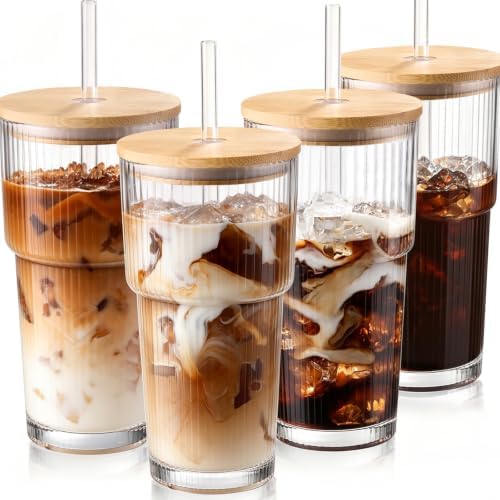 Iced Coffee Cups with Lids,Glass Cups with Lids and Straws,4 Coff...