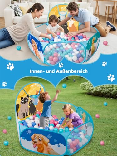 Katze & Hund bällebad baby für Kleinkind mit Basketball-Ring Klappbarer Pop-Up bällebad kinder für Mädchen Jungen Indoor Outdoor Spiel Hund Ballbad 120 cm Breite Spielhauszelt Bälle NICHT enthalten