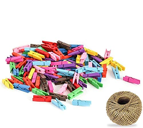 100 Pcs Colores pinzas de madera para colgar fotos, Attiant 100m Hilo Natural Yute Cordel de Cáñamo Cuerda de Bricolaje con 100pcs Mini Pinzas Absofine para floristería, Para Fujifilm Instax Mini