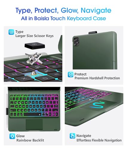 Image of Baisla for iPad (A16) 11th /10th Gen Case with Keyboard,360 Rotating,Trackpad Keyboard for iPad Air 11 (M4 /M3 /M2)&iPad Air 5th /4th /Pro 11 4th /3rd /2nd /1st,Rainbow Backlit with Pencil Holder-Dark Green