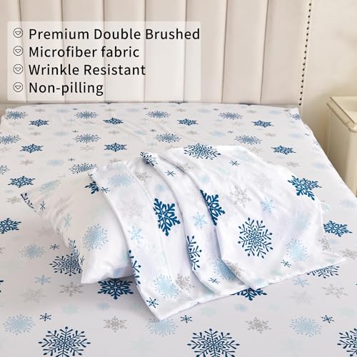 Image of Mooreeke Twin Christmas Sheets Set - 3 Pieces Soft Breathable Microfiber Bed Sheet Set - Blue Snow Pattern Sheet Set - Deep Pocket Non-Slip Winter Printed Fitted Sheet Included for Winter