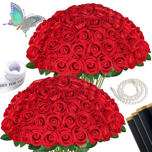 jabeick Fake Roses Artificial Flowers Bulk 50 Pcs Faux Velvet Rose