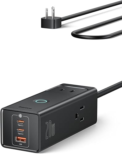 Miniatura 11 de Baseus Estación de carga 100W, tira de alimentación de viaje 5 en 1 con cargador USB C, con cable de extensión desmontable de 5 pies, enchufe plano,