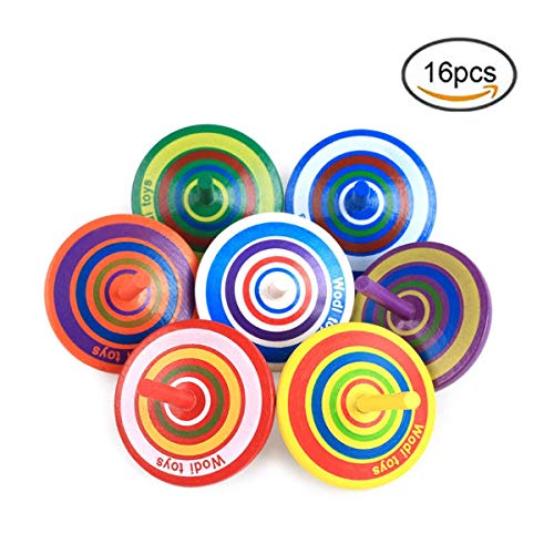 Herefun Trottola in Legno, 16 Pezzi Mini Giroscopio in Legno Colorati Artigianali Set ,Festa Compleanno Bimbi regalino fine Festa(Colore Casuale)