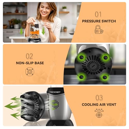 TECKNET Personal Blender Smoothie Maker Powerful 600W - 25,000 RPM Extractor Blends Fruits, Vegetables, Nuts, Ice for Smoothies & Juices, with 1 Portable Cups 500ml, 1 Grinding Cup 150ml - Image 3