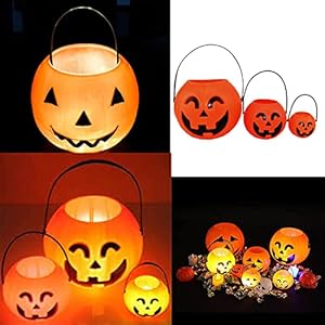 brown leaf Halloween Portable 1 Large Pumpkin 1 Medium 1 Small Jack-O-Lantern Plastic Halloween Pumpkin Buckets With Led…