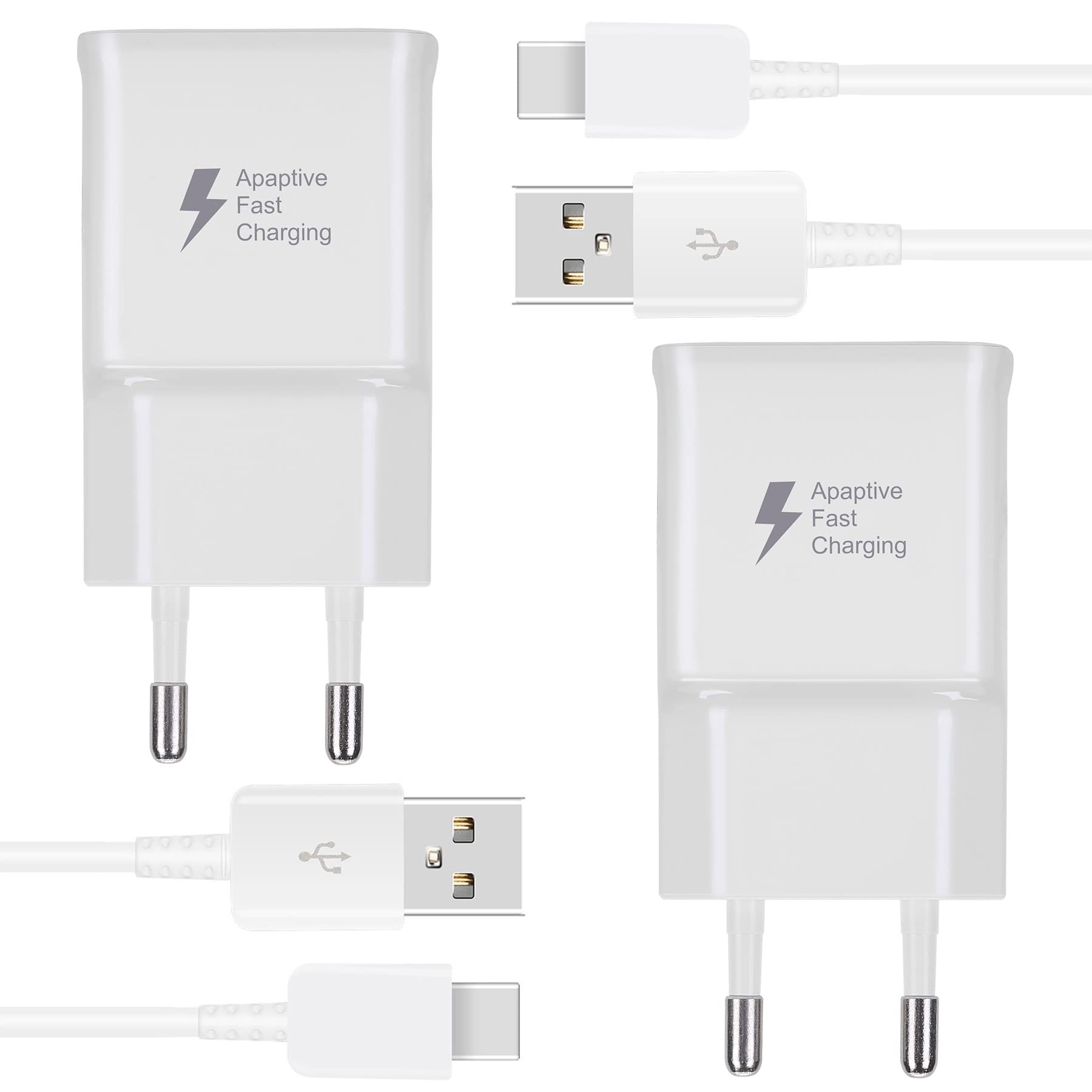 KAIMENGLONG 2er-Pack Adaptives Schnell Ladegerät Schnellladegerät Netzteil mit 1,5m USB Typ C Ladekabel Kabel für Samsung Galaxy S21 S20 S10 S10e S9 S8 A72 A52 M40, Note 8/9/10, Google Pixel XL