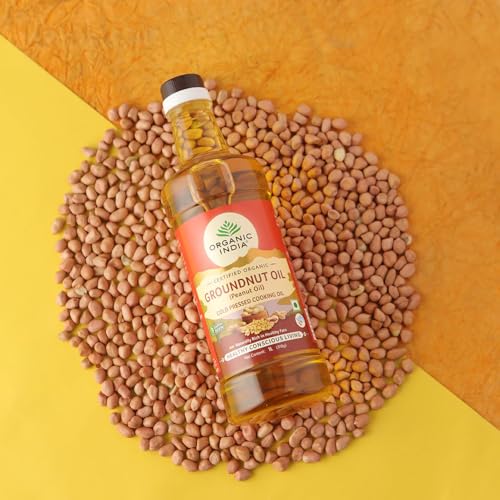 Image of Organic India Groundnut (Peanut) Oil, 1000ml | Cold Pressed Unrefined Organic Oil with Natural Flavour | Certified Organic and Lab Tested on 250+ Parameters | Perfect for Daily Cooking | Natural Aroma and Taste