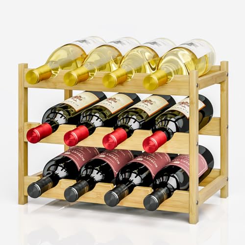 Dripex Weinregal Flaschenregal aus Holz, klein Weinflaschenregal, Weinflaschenhalter 12 Flaschen, schmaler Weinständer stehend, Getränkeregal Flaschen für Keller Küche, 3 Ebenen