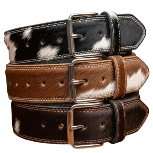 Western Cowhide Leather Belt, Hair-on Design, Handmade Cowboy Belt for Men, Black Brown