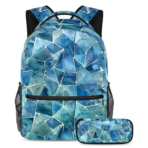 Sac à dos polyvalent 2 pièces art bleu aquarelle mosaïque géométrique