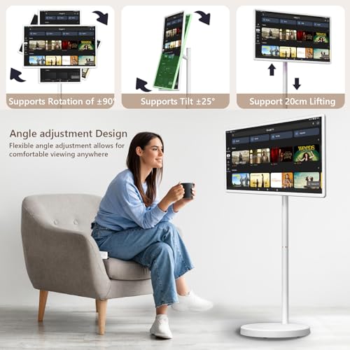 Image of OFD 32 inch Portable TV on Wheel FHD Touchscreen & Rolling Stand,Android 15 OS | Mobile TV for Home,6+128GB ROM,Built-in 38400 mAh Battery,8MP Webcam,10W Speaker,Voice Remote,EDLA-Certified,Rotation,White