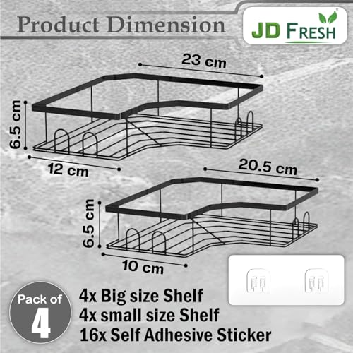 Image of JD FRESH Multipurpose Bathroom Organizer Shelf Rack Corner Without Drill /Self Adhesive Accessories Holder for Kitchen /Wall Mounted Organizer for Bathroom Space Saving Shelf Corner (Black, Pack of 4)