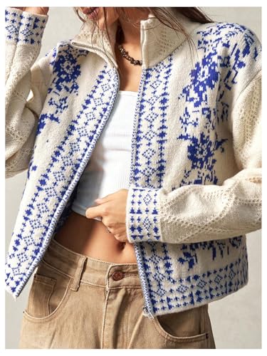 Milumia Women's Zip Cardigan Sweaters Boho Floral Printed Long Sleeve Knitwear Outerwear4