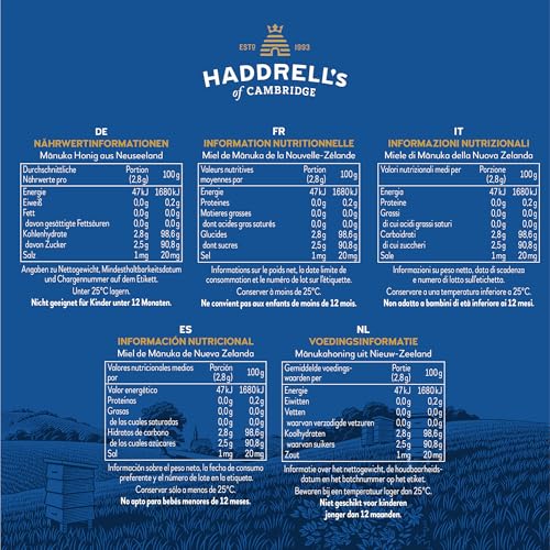 Image of Haddrell's of Cambridge Manuka Honey Snap Packs UMF 10+ MGO 261+ • New Zealand Monofloral Manuka Honey • Portable Single Serve Sachets for Immunity, Energy & Wellness • 10 x 8g, 2.82 oz ℮ 80 g