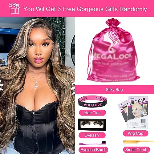 Megalook Highlight Lace Front Wig Human Hair 200% Density Balayage Wig Human Hair 13X4 Ombre Lace Front Wig Human Hair Pre Plucked With Baby Hair Body Wave Lace Front Wig 20 Inch Fb27# Color #TOP5