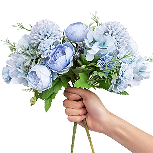 Artificial Flowers, 2 Pack Fake Peony Silk Light Blue Hydrangea Bouquet Decor Plastic Carnations Daisy Realistic Flower Arrangements Wedding Decoration Table Centerpieces, for Home Office Party Decor