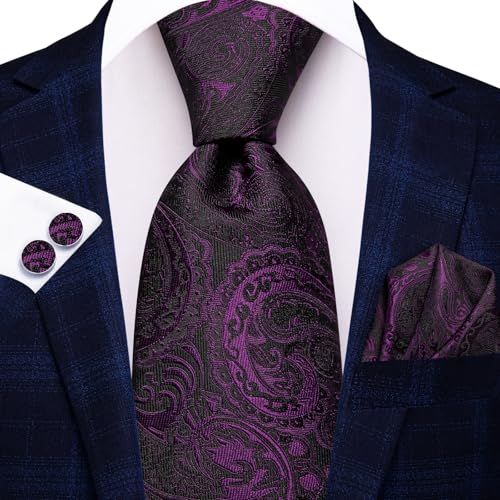 Image of Hi-Tie Men 63inches Tie Set Extra Long Necktie Paisley Tie Pocket Suqare Cufflinks Big and Tall Men Tie