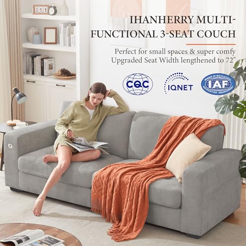Image of Ihanherry Modern Sofas 2-Seater Couches for Living Room, Chenille Sofas with Extra Large Seat Width & Depth, USB /Type-C Charging Port & Side Pocket, Removable Medium Firm Sofa Cushion(89inch, Grey)