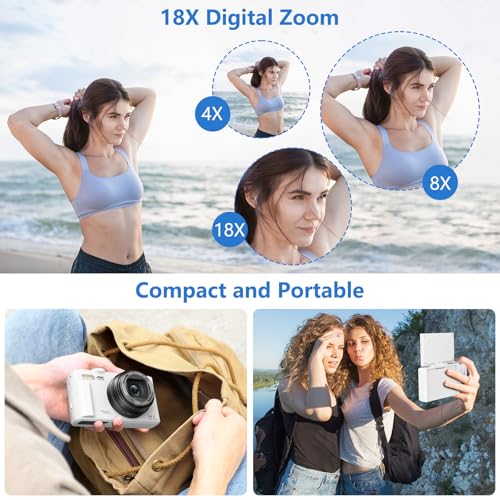 Image of Digital Camera for Photography, 4K Vlogging Camera for YouTube 3 inch 180 Flip Screen 18X Digital Zoom Compact Cameras with 32GB TF Card & 2 Batteries, White