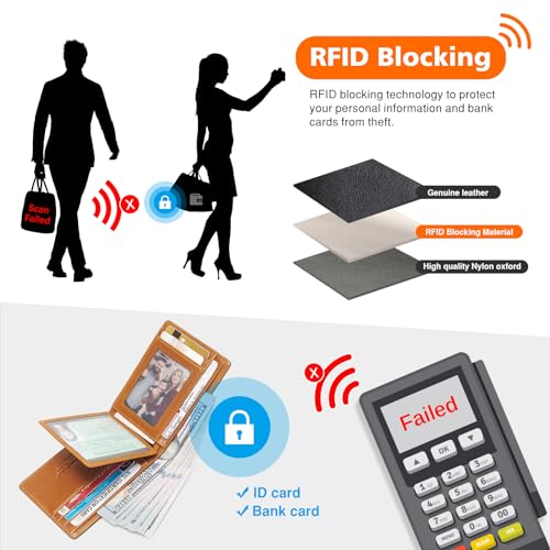 Chain Wallets for Men, Genuine Leather Purse RFID Blocking Bifold Wallet with Wallet Chain, Pickpocket Proof Slim Chain Wallet for Men (Yellowish brown)4