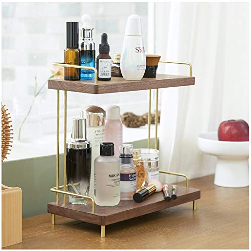 LZG 2-Tier Bathroom Countertop Organizer Decorative Tray Vanity Tray Cosmetic & Makeup Storage Standing Shelf, Walnut Wood and Brass Makeup Standing Rack Display Shelf (Size : Rectangular)