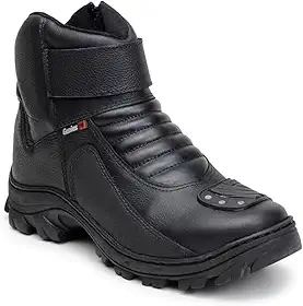 Bota Motociclista em Couro Legítimo com Protetor de Marcha, Zíper e Refletivo Noturno