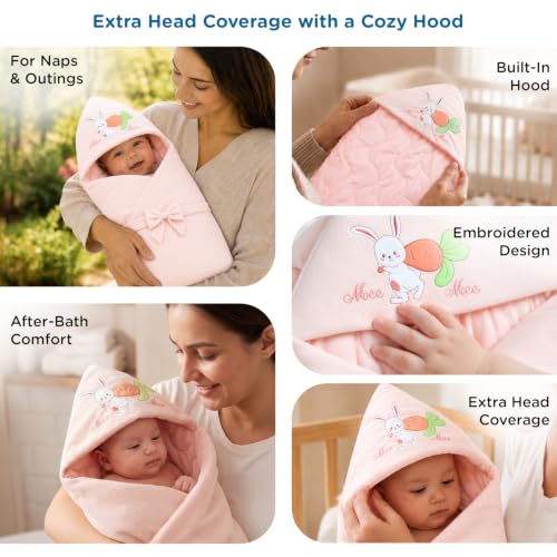 Image of Mee Mee 3-in-1 Baby Wrapper & Carry Nest for Newborns | Soft Breathable Cotton Swaddle with Hood and Cushion | Adjustable Tie-Up Design | Lightweight, Cozy & Easy to Carry (0-6 Months) (Pink)