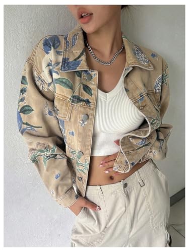 WDIRARA Women's Floral Print Button Down Denim Jacket Long Sleeve Outerwear3