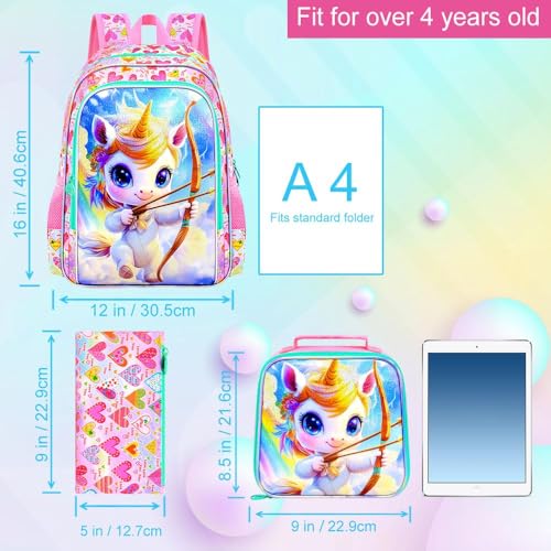 Image of 3Pcs Unicorn Backpack for Girls, 16 inch School Cupid Bookbag Set with Lunch Box，Kids Backpacks for Elementary Preschool Kindergarten (Pink)