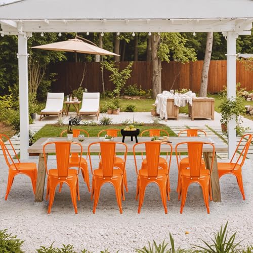 Image of Furmax Metal Dining Chair Indoor Outdoor Use Stackable Classic Trattoria Chair Chic Dining Bistro Cafe Side Metal Chairs Set of 4 (Orange)