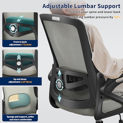 Image of Ergonomic Office Chair, Desk Chair with Adjustable Lumbar Support, Breathable Mesh Comfy Computer Chairs with Flip-up Armrests Executive Task Chair for Adults Home Office (Dark Gray)