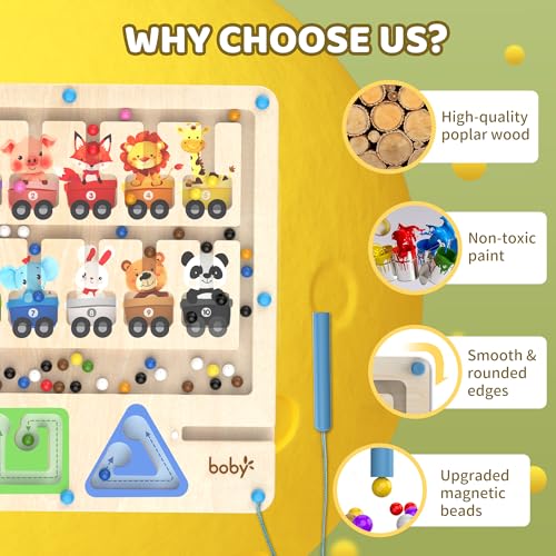 DRQ Magnetic Color and Number Maze - Wooden Color Matching Learning Counting Toddler Puzzle Board - Educational Fine Motor Skills Toys Montessori Toys for 3 4 5 Years Old, Animal Train - Thumbnail 2