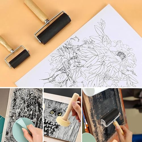 OUTALIZ Linoldruck Set, 3 Stück Rubber Brayer Roller (3,5cm, 6cm,10cm),Gummiwalze Andrückrolle, Mit 1 Pilzwalze 1 Gravur, Für Druckgrafiken, Stempeln, Drucken, Tinten, Tapeten und Kunsthandwerk