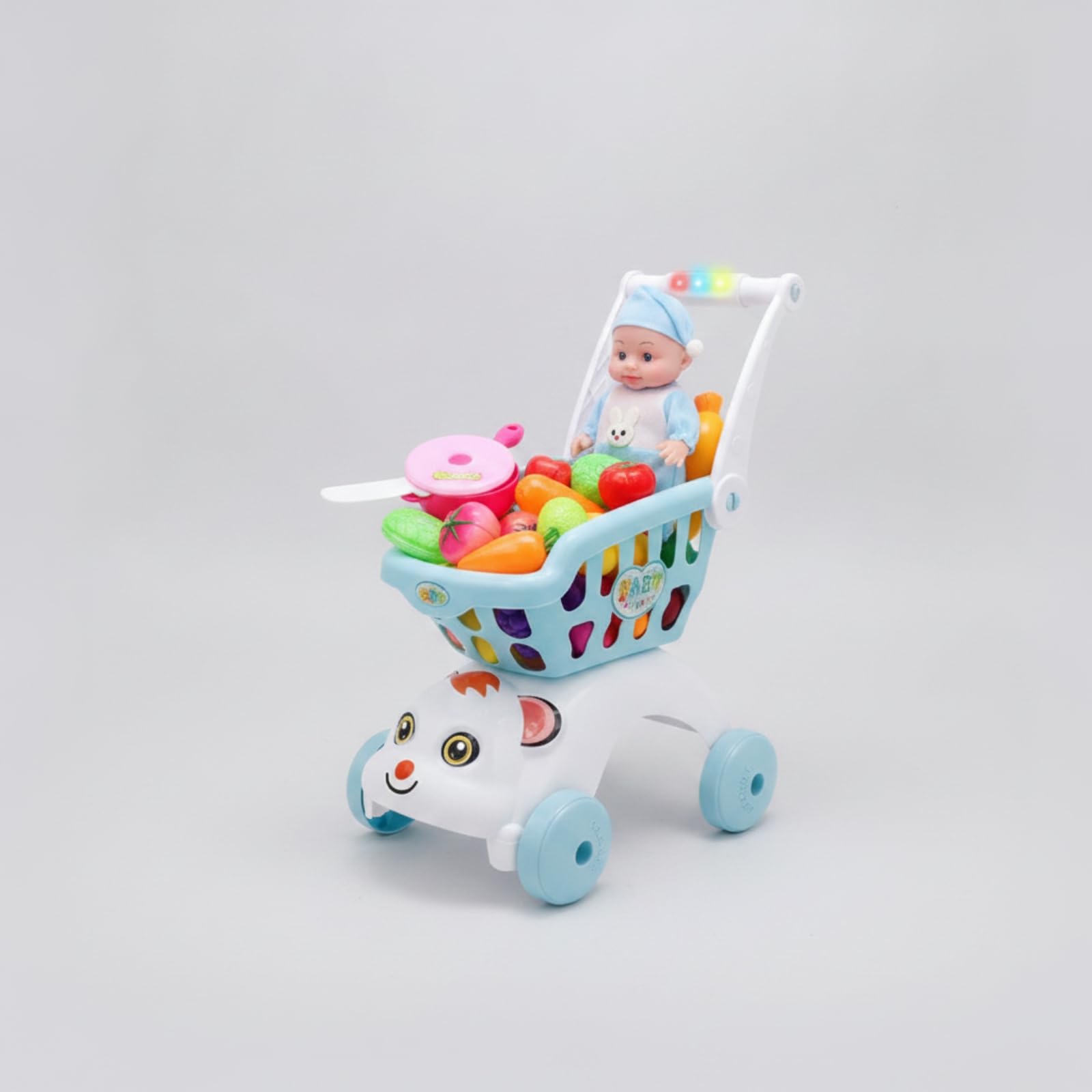 Carrello Spesa Giocattolo Sicuro Carrello Giocattolo con Prodotti Ortofrutticoli Finte Idea Regalo per Bambini, Gioco al Chiuso,